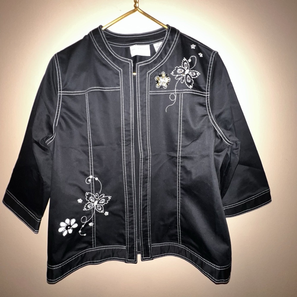 Alfred Dunner Black Cardigan Jacket 12P Stitched Studded Floral Butterfly Gems